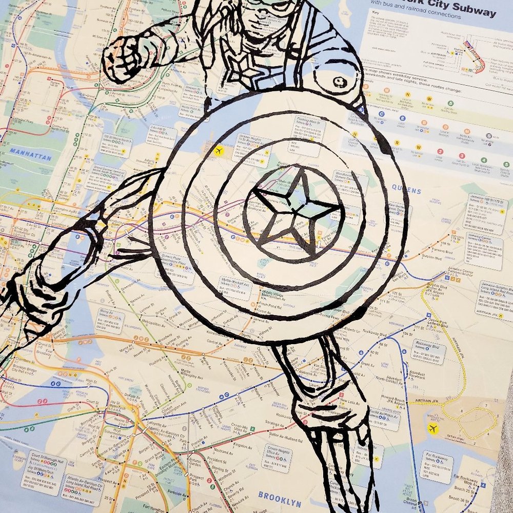 Handpainted Marvel Captain America Art on NYC Subway Map Rare Original Artwork - Picture 9 of 11